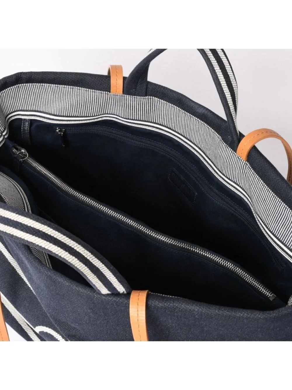 Chanel 2-Way Tote Bag CC Logo Denim Leather Navy Brown Silver